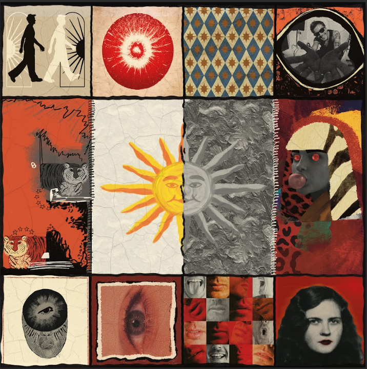 Portada de Sol de Invierno: collage de doce viñetas con un sol partido en dos mitades, una dorada y una gris
